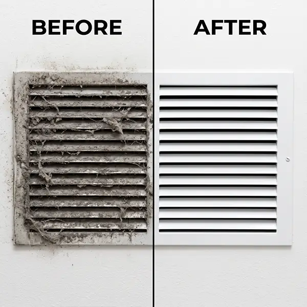 Air Vent cleaning before and after image showing the difference in cleanliness after professional service
