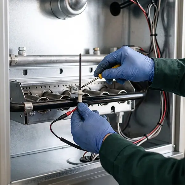 Technician performing professional furnace burner and safety control cleaning