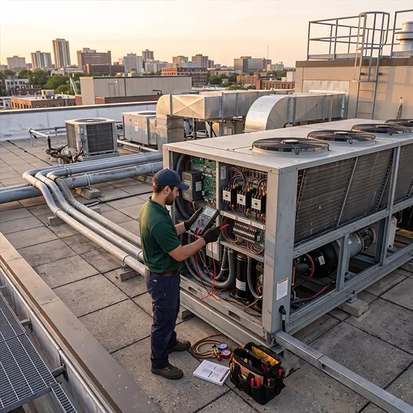 Technician performing commercial AC system upgrades in Addison Texas