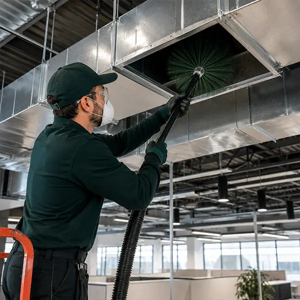 Technician performing commercial air vent cleaning in an Addison Texas building
