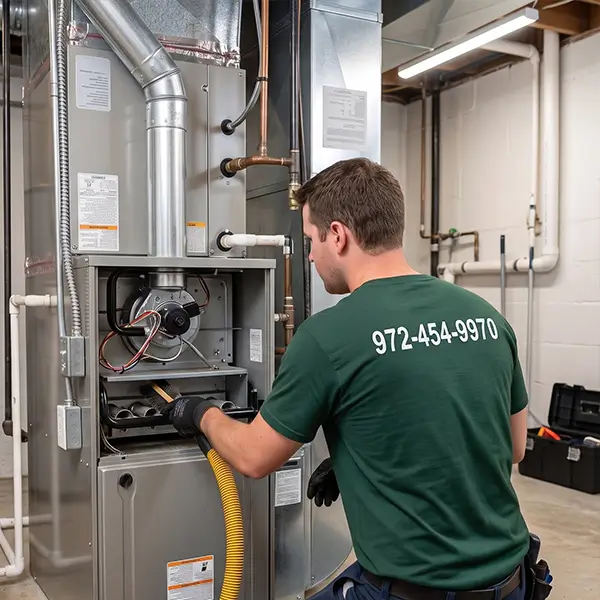 Technician performing heating system tune-up and furnace cleaning