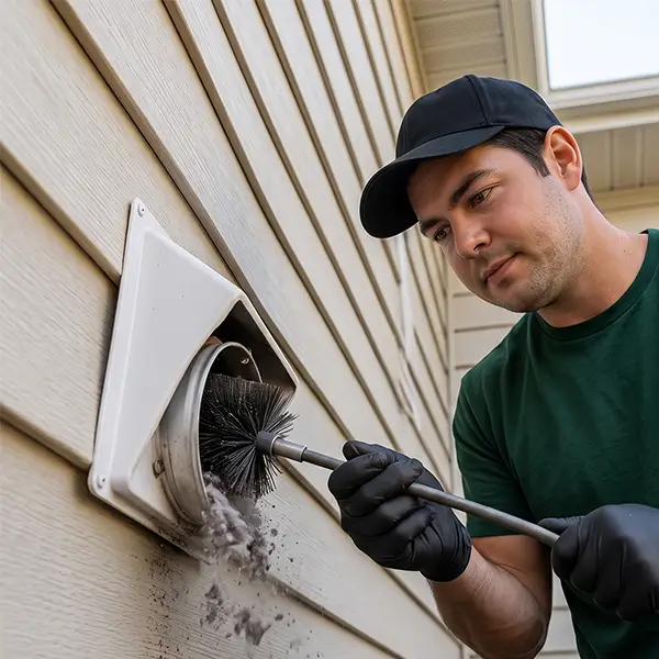 Technician performing professional dryer vent cleaning and lint removal in Addison Texas