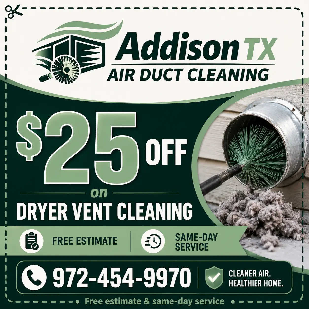 Special offer for professional dryer vent cleaning in Addison Texas