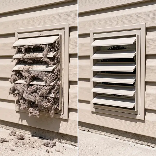 Dryer vent cleaning before and after image showing the difference in cleanliness after professional service