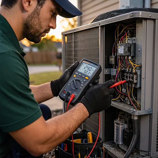 Technician performing professional AC repair and installation in Addison Texas