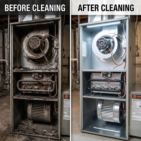 Furnace cleaning before and after image showing the difference in cleanliness after professional service