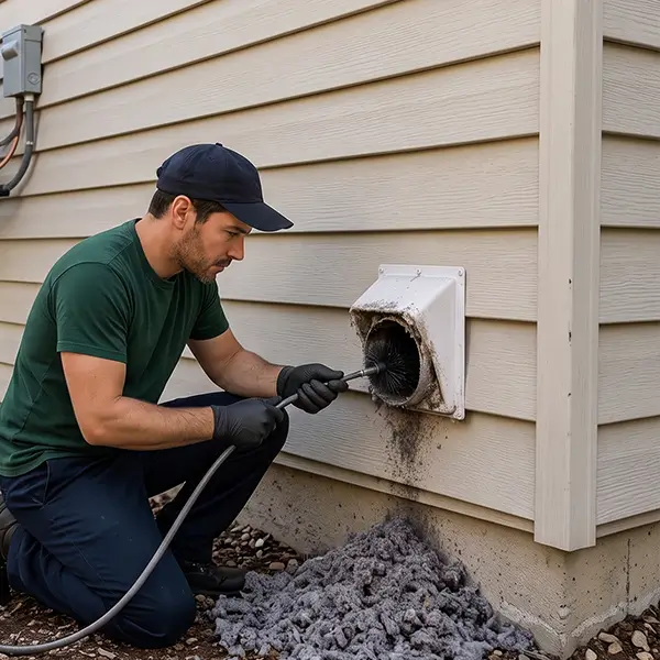 Technician performing exterior vent hood cleaning and clearing blockages
