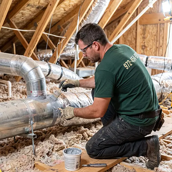 Technician applying mastic sealant to ductwork joints for airtight sealing