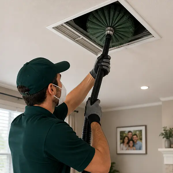 Technician performing residential air duct cleaning in an Addison Texas home